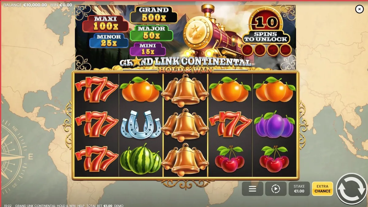 Tampilan visual slot Grand Link Continental: Hold & Win dengan tema kereta api mewah
