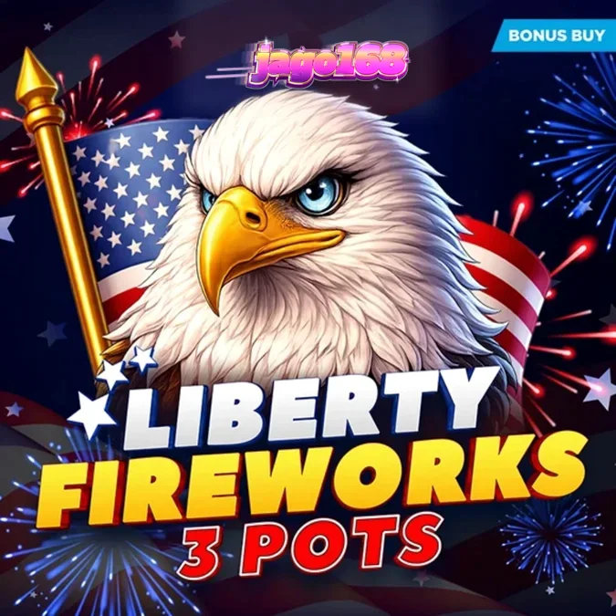 Tampilan visual slot Liberty Fireworks 3 Pots dengan tema patriotik dan kembang api