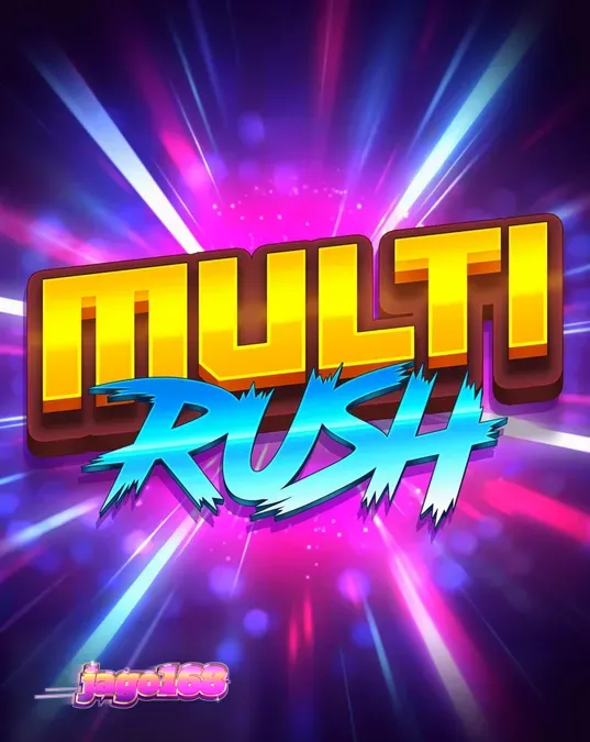 Tampilan antarmuka mobile game slot Multi Rush dengan grafis neon yang cerah
